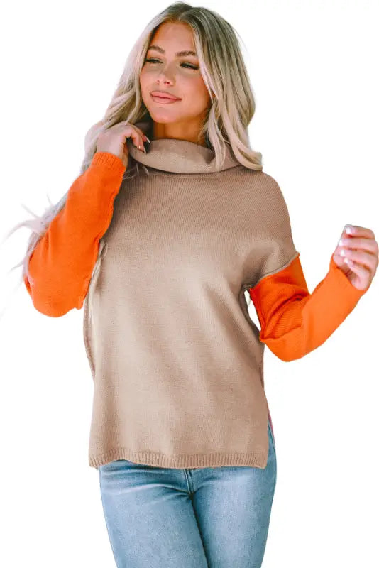 Khaki color block turtle neck drop shoulder knit sweater - sweaters & cardigans