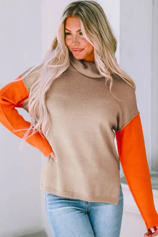 Sweaters & cardigans khaki color block turtle neck drop