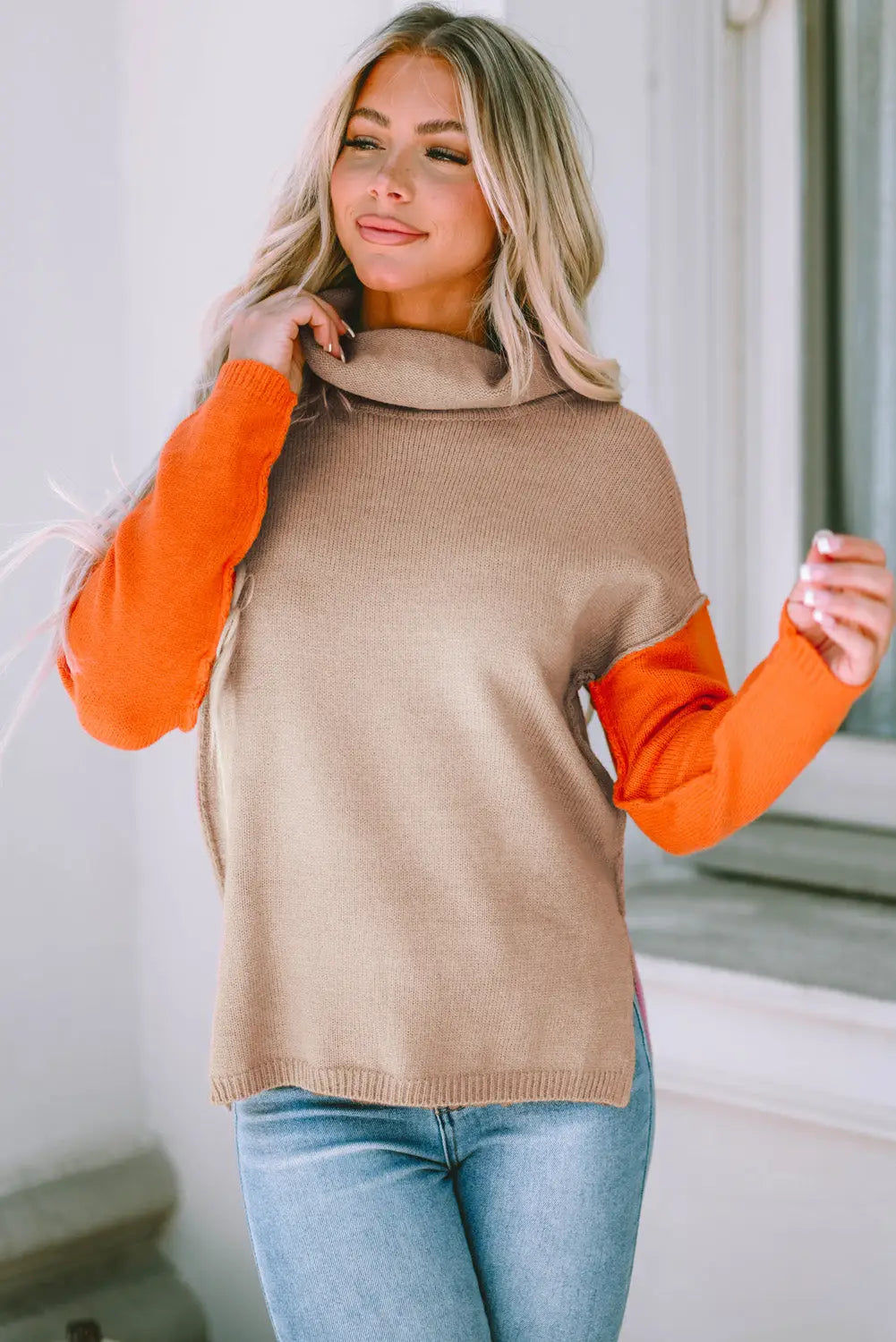 Khaki color block turtle neck drop shoulder knit sweater - s / 65% acrylic + 35% polyester - sweaters & cardigans