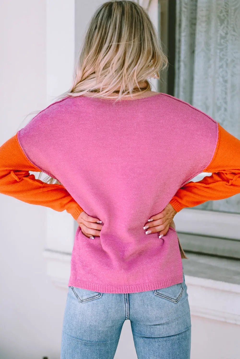 Khaki color block turtle neck drop shoulder knit sweater - sweaters & cardigans