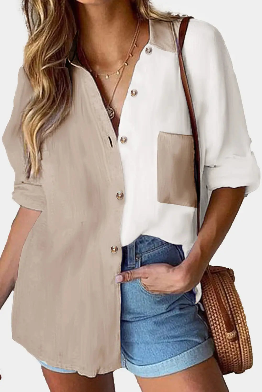 Khaki colorblock buttons shirt-collar long sleeve pocket blouse - s / 100% viscose - tops