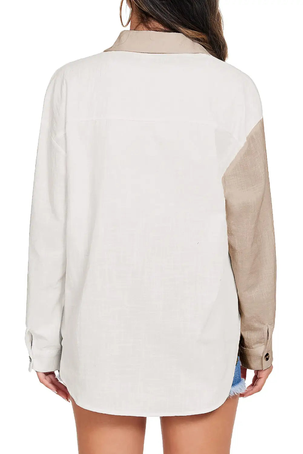 Khaki colorblock buttons shirt-collar long sleeve pocket blouse - tops