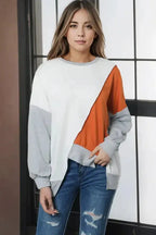 Khaki Colorblock Stitching Irregular Hem Long Sleeve Top - Fashionfitz