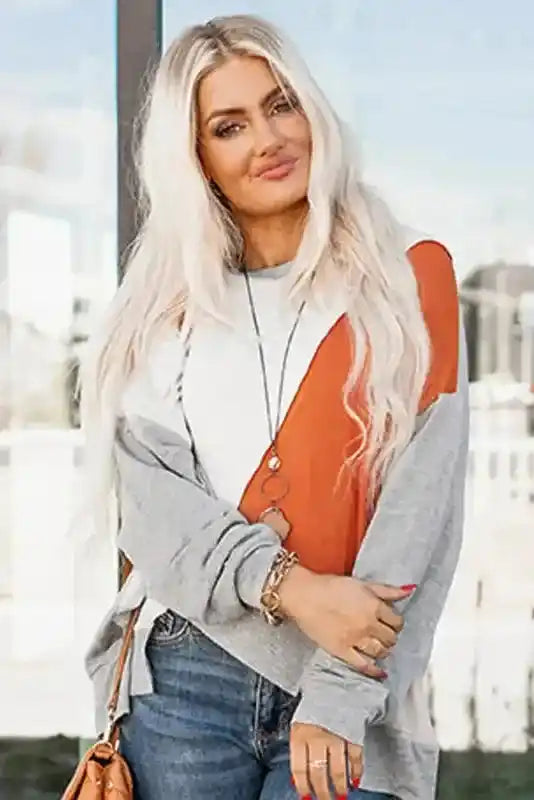 Khaki Colorblock Stitching Irregular Hem Long Sleeve Top styled casually with jeans and accessories for a relaxed fall look.