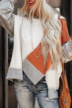 Khaki Colorblock Stitching Irregular Hem Long Sleeve Top - Fashionfitz