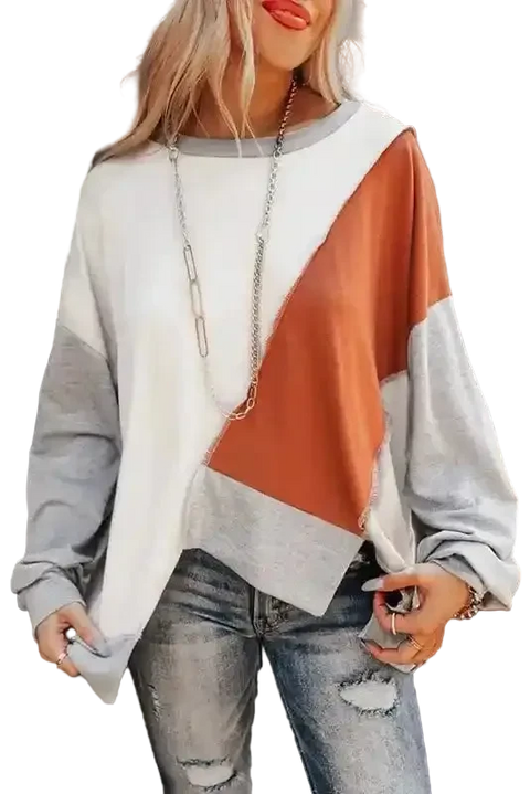 Khaki Colorblock Stitching Irregular Hem Long Sleeve Top with patchwork design in white, rust, and gray, styled with distressed jeans.