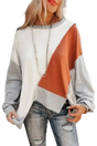 Khaki Colorblock Stitching Irregular Hem Long Sleeve Top with patchwork design in white, rust, and gray, styled with distressed jeans.