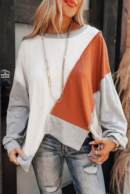 Khaki colorblock stitching irregular hem long sleeve top - s / 65% polyester + 30% cotton + 5% elastane - tops