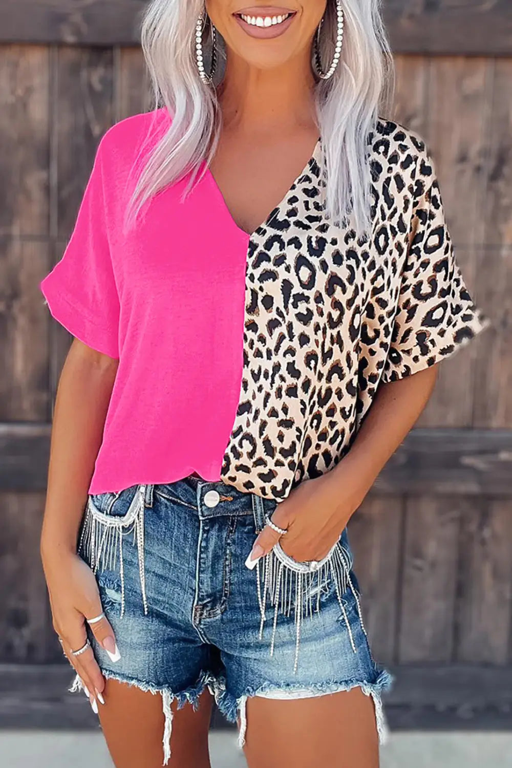 Khaki contrast leopard color block blouse - tops