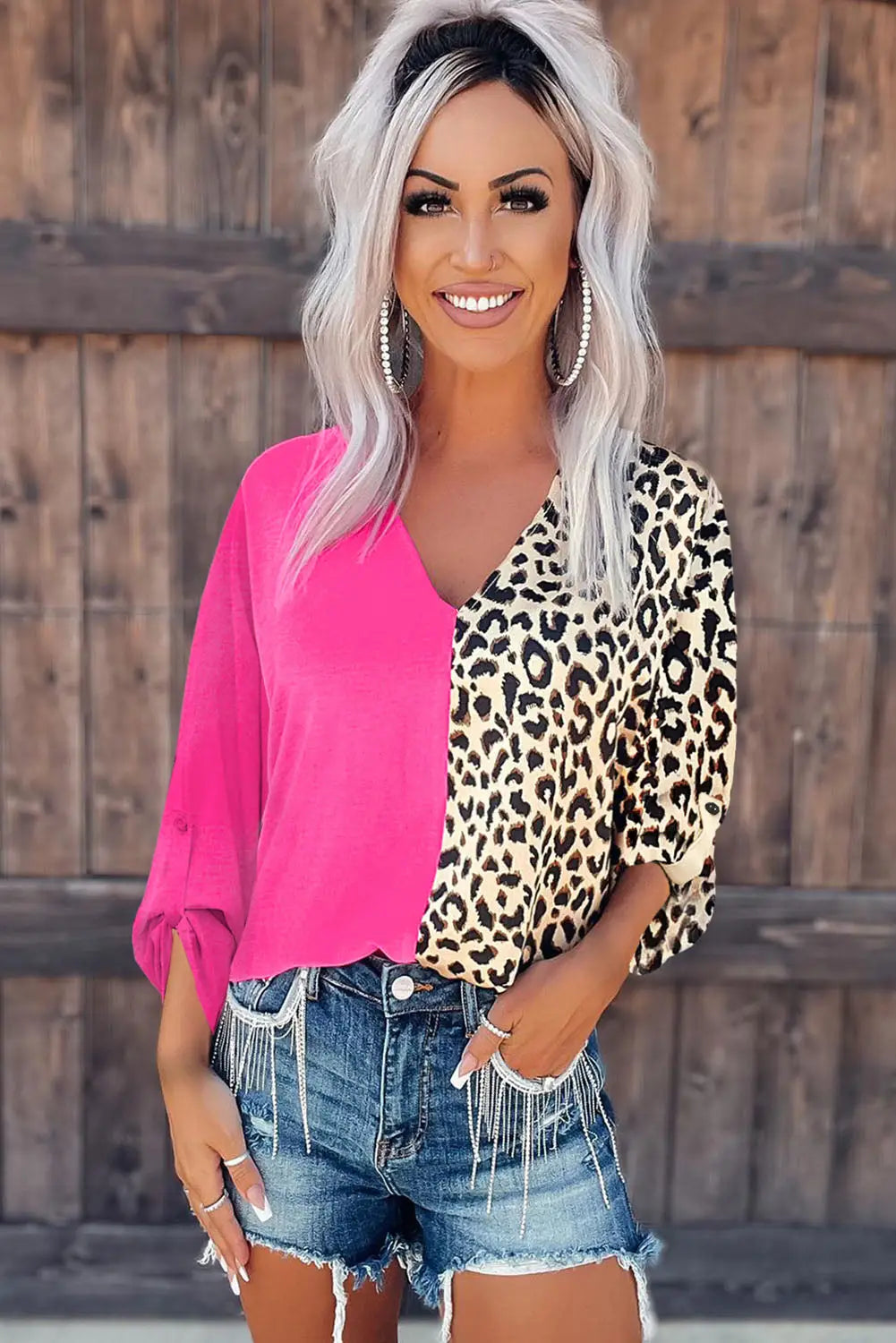 Khaki contrast leopard color block blouse - tops