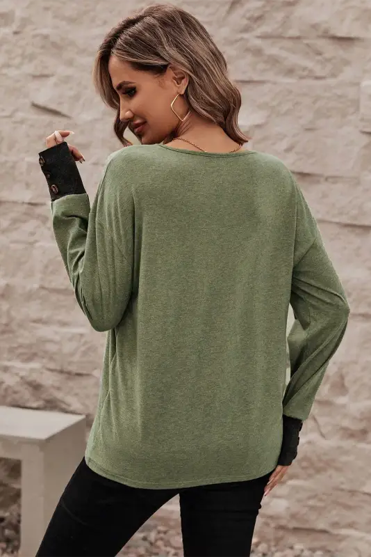 Khaki contrast v neck button cuffed long sleeve top - tops