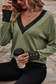 Khaki contrast v neck button cuffed long sleeve top - tops