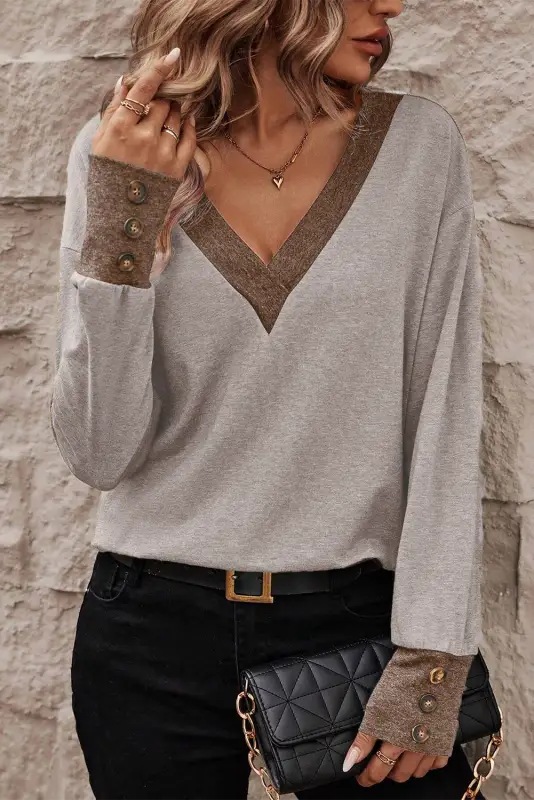 Khaki contrast v neck button cuffed long sleeve top - tops