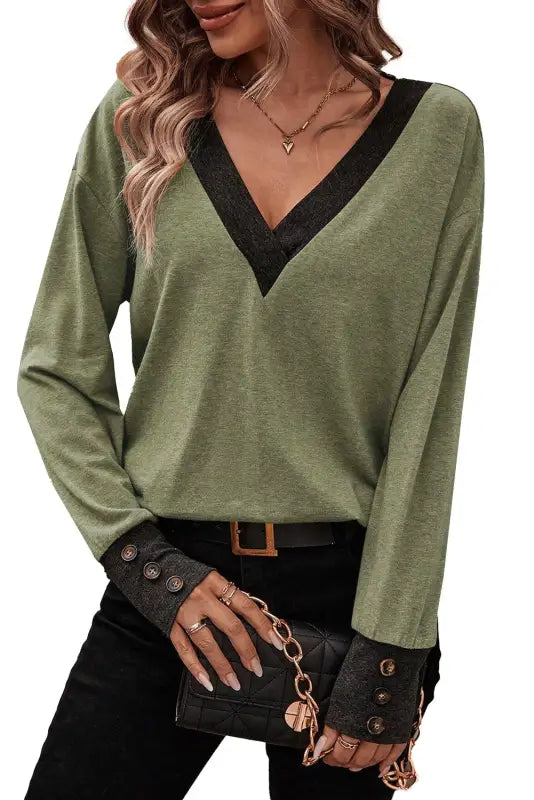 Khaki contrast v neck button cuffed long sleeve top - tops