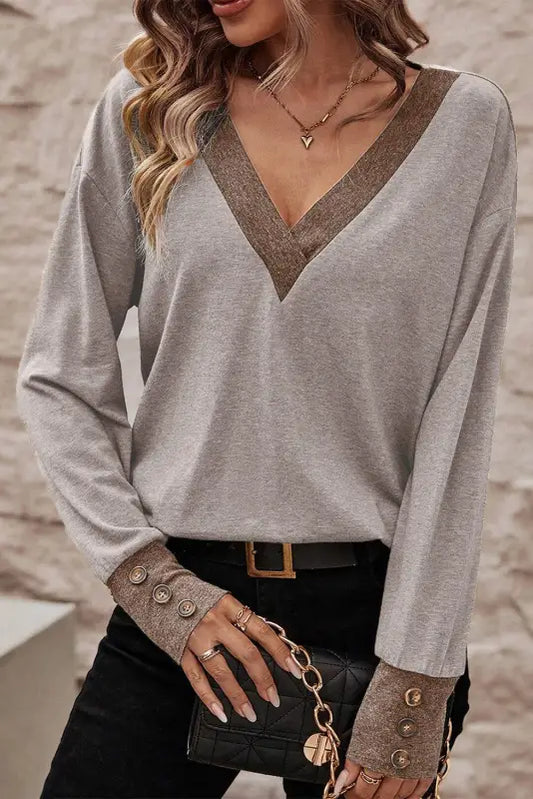 Khaki contrast v neck button cuffed long sleeve top - l / 65% polyester + 30% viscose + 5% elastane - tops