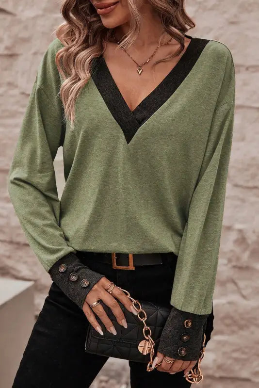 Khaki contrast v neck button cuffed long sleeve top - tops