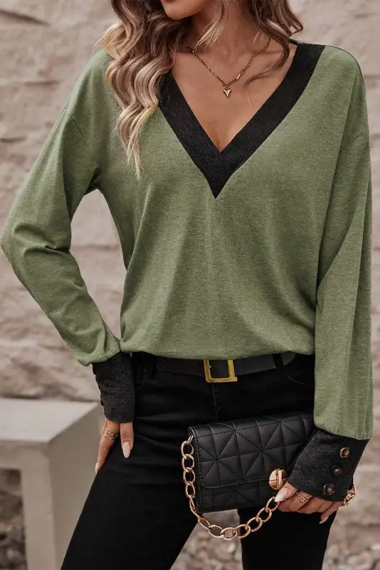 Khaki contrast v neck button cuffed long sleeve top - tops