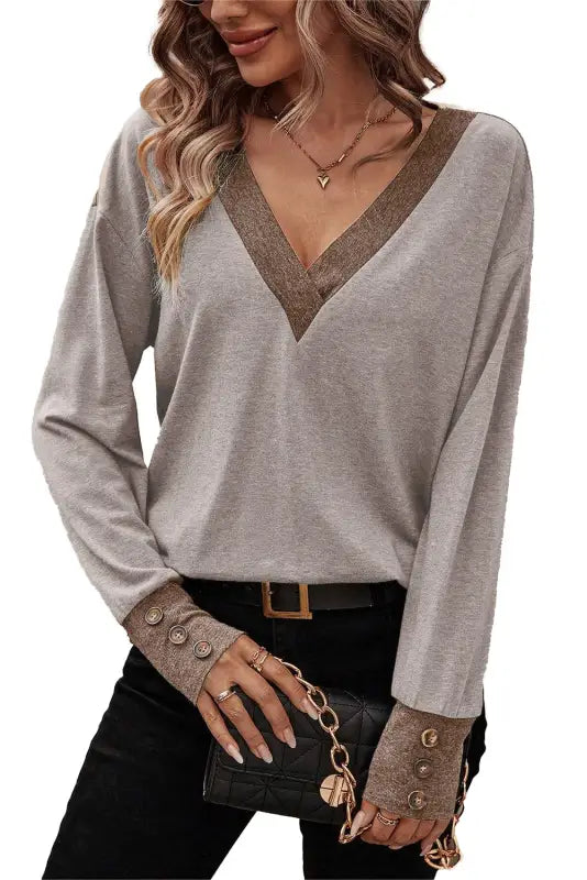 Khaki contrast v neck button cuffed long sleeve top - tops