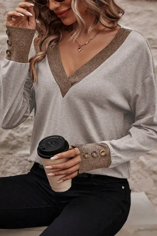 Khaki contrast v neck button cuffed long sleeve top - tops