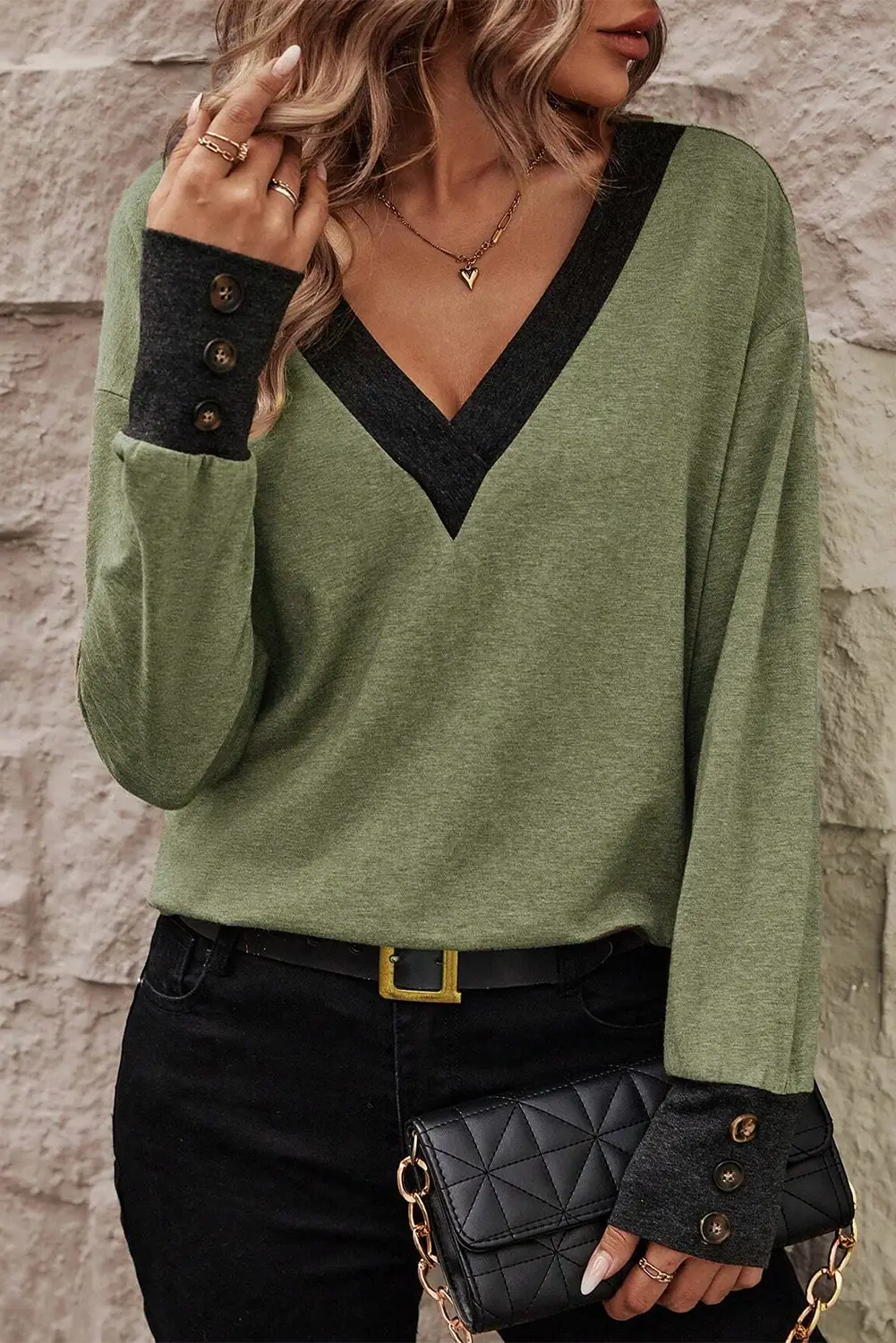 Khaki contrast v neck button cuffed long sleeve top - moss green / l / 65% polyester + 30% viscose + 5% elastane - tops