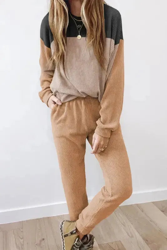 Khaki Corded 2pcs Colorblock Pullover and Pants Outfit - Fashionfitz