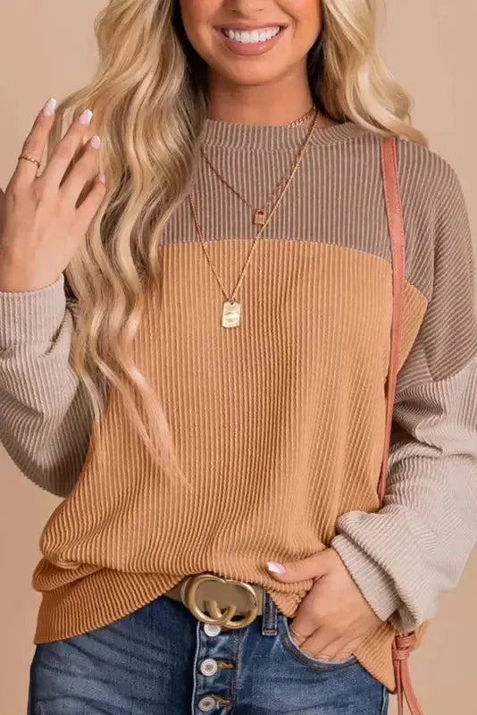 Khaki Corded 2pcs Colorblock Pullover and Pants Outfit - Fashionfitz