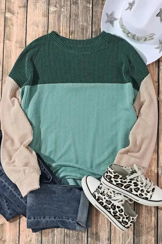 Khaki Corded 2pcs Colorblock Pullover and Pants Outfit - Fashionfitz
