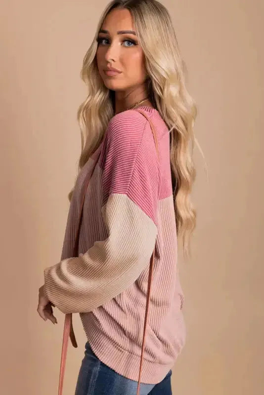 Khaki Corded 2pcs Colorblock Pullover and Pants Outfit - Fashionfitz