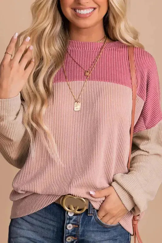 Khaki Corded 2pcs Colorblock Pullover and Pants Outfit - Fashionfitz