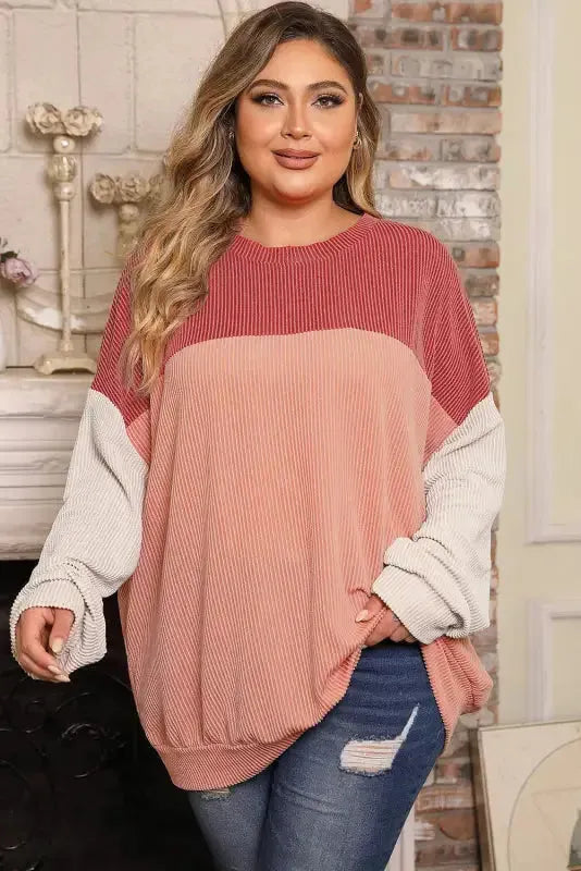 Khaki Corded 2pcs Colorblock Pullover and Pants Outfit - Fashionfitz