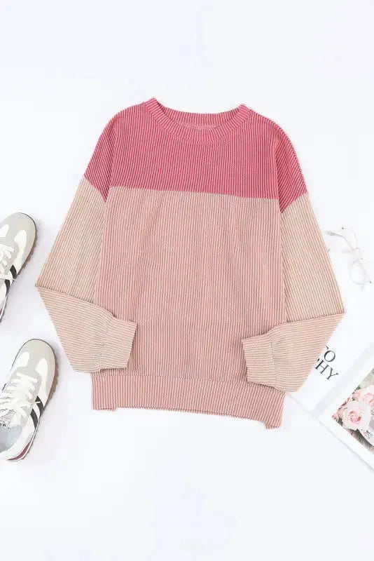 Khaki Corded 2pcs Colorblock Pullover and Pants Outfit - Fashionfitz