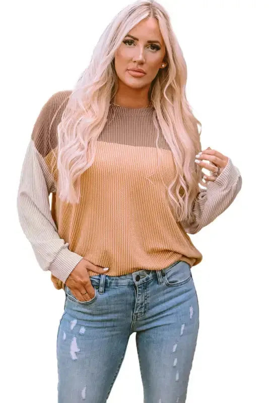 Khaki Corded 2pcs Colorblock Pullover and Pants Outfit - Fashionfitz