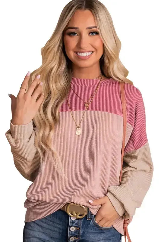 Khaki Corded 2pcs Colorblock Pullover and Pants Outfit - Fashionfitz