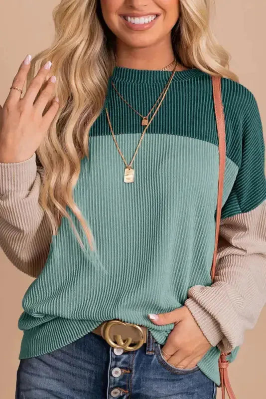 Khaki Corded 2pcs Colorblock Pullover and Pants Outfit - Fashionfitz