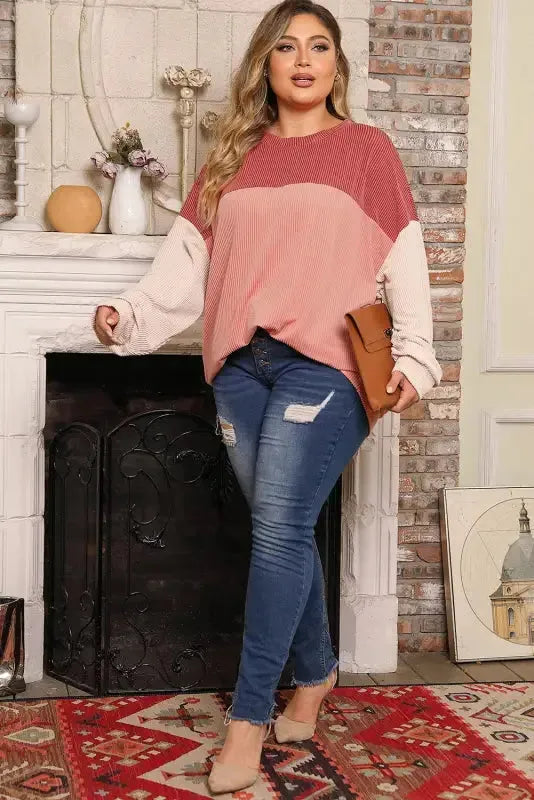 Khaki Corded 2pcs Colorblock Pullover and Pants Outfit - Fashionfitz