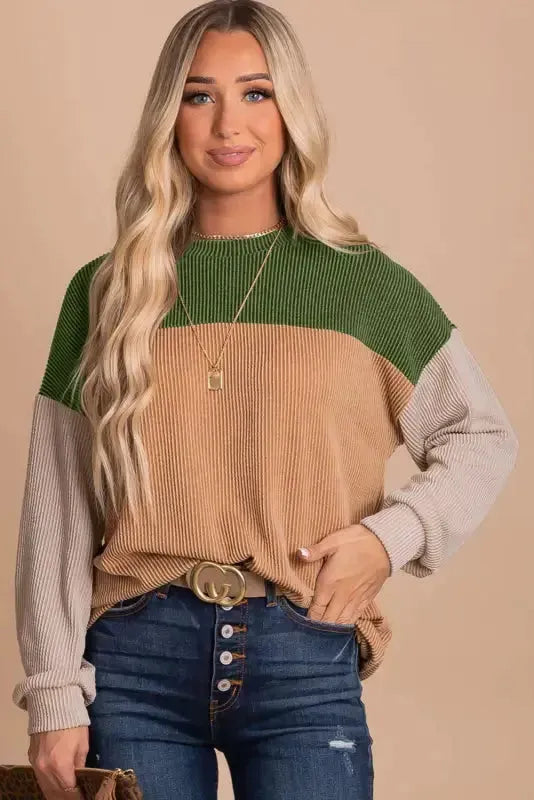 Khaki Corded 2pcs Colorblock Pullover and Pants Outfit - Fashionfitz