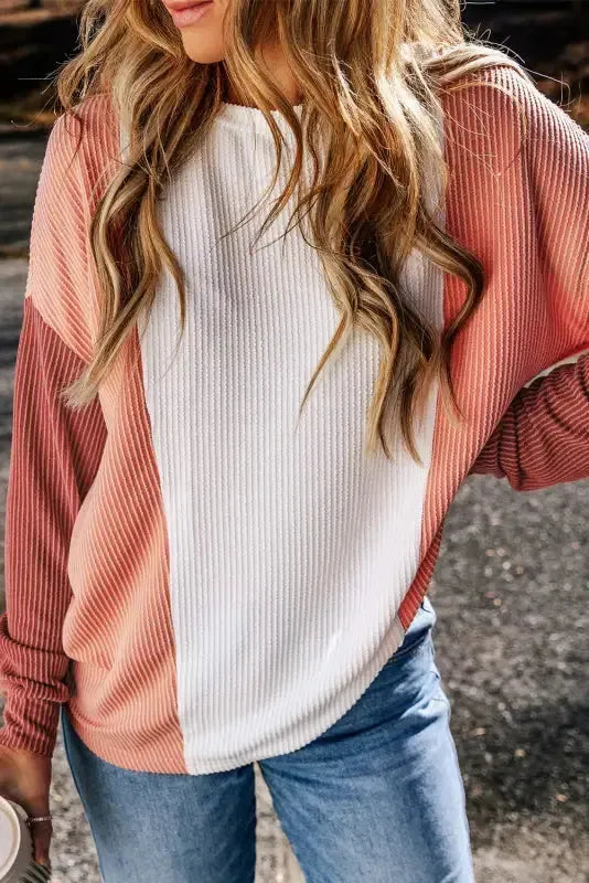 Khaki Corded 2pcs Colorblock Pullover and Pants Outfit - Fashionfitz