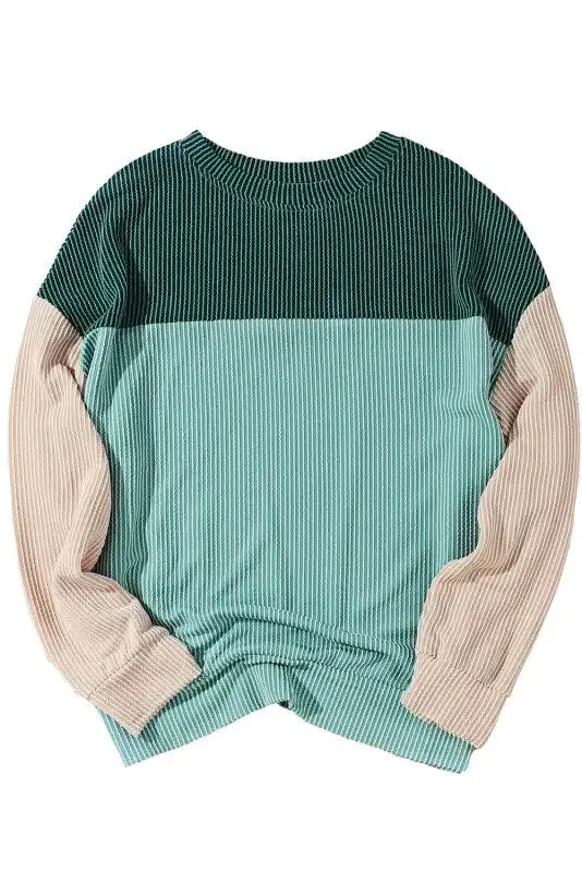 Khaki Corded 2pcs Colorblock Pullover and Pants Outfit - Fashionfitz