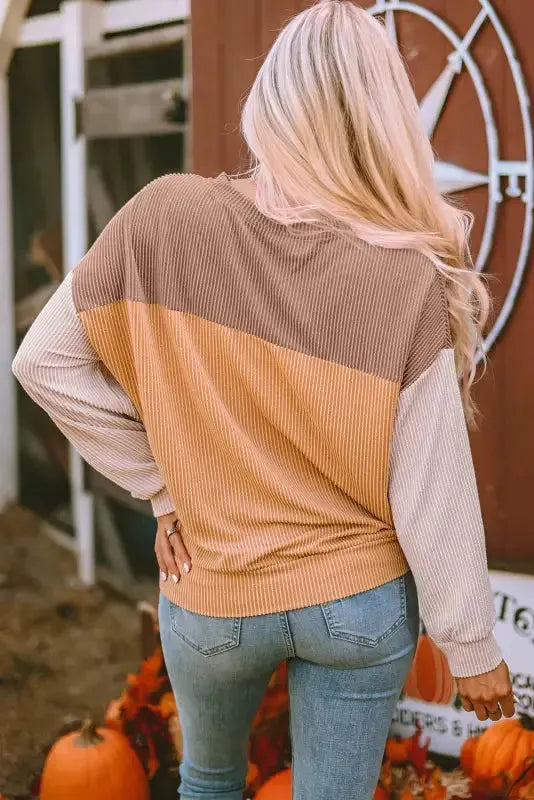 Khaki Corded 2pcs Colorblock Pullover and Pants Outfit - Fashionfitz