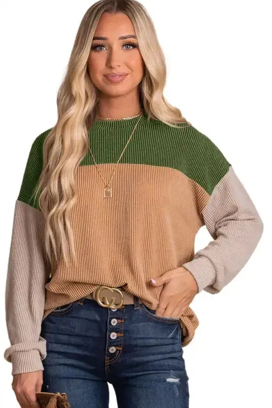 Khaki Corded 2pcs Colorblock Pullover and Pants Outfit - Fashionfitz