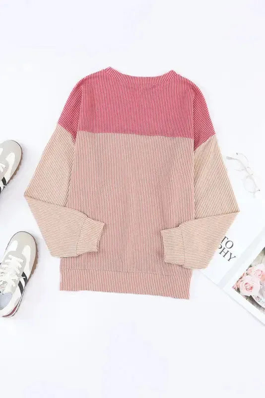 Khaki Corded 2pcs Colorblock Pullover and Pants Outfit - Fashionfitz