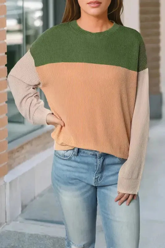 Khaki Corded 2pcs Colorblock Pullover and Pants Outfit - Fashionfitz