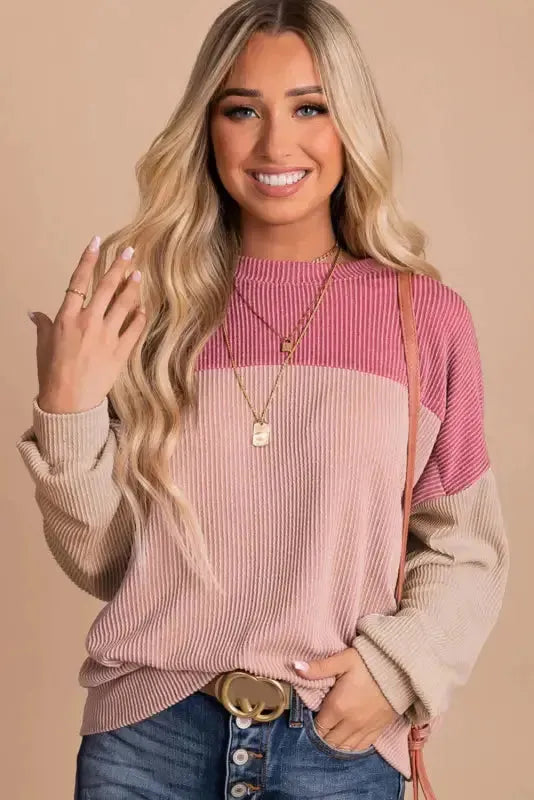 Khaki Corded 2pcs Colorblock Pullover and Pants Outfit - Fashionfitz