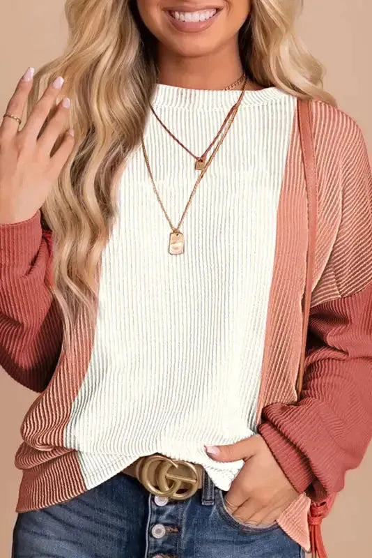 Khaki Corded 2pcs Colorblock Pullover and Pants Outfit - Fashionfitz