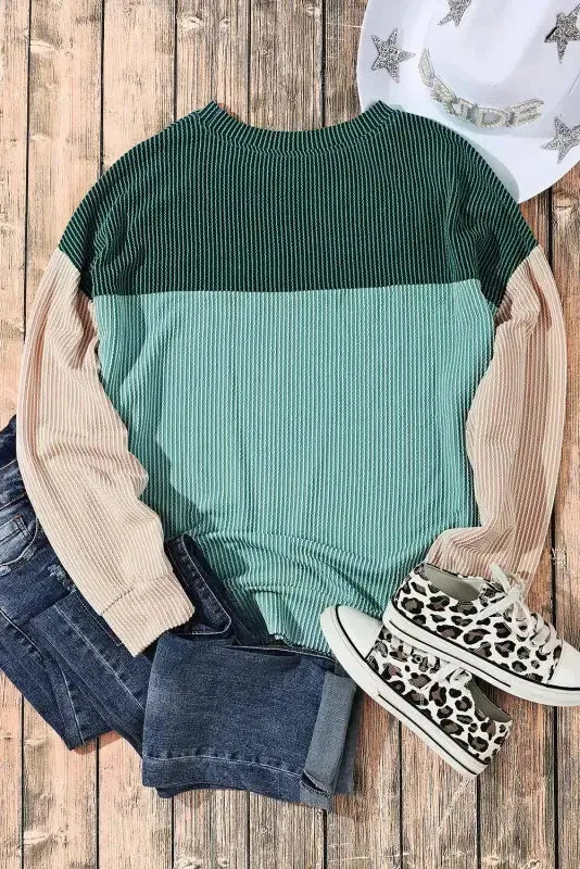 Khaki Corded 2pcs Colorblock Pullover and Pants Outfit - Fashionfitz