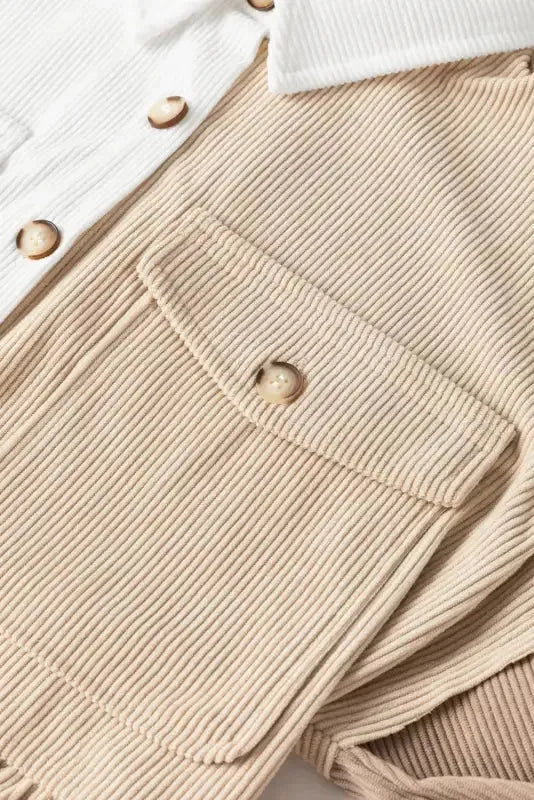 Khaki Corduroy Colorblock Button up Loose Shacket - Fashionfitz