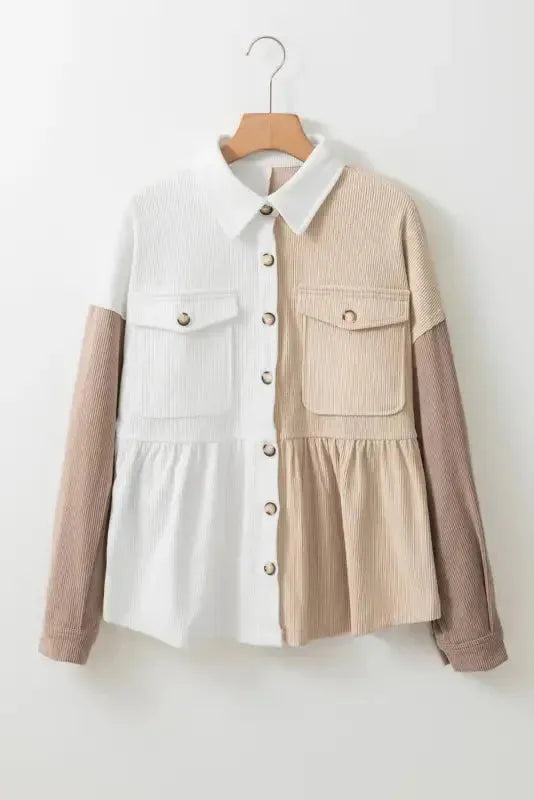 Khaki Corduroy Colorblock Button up Loose Shacket - Fashionfitz