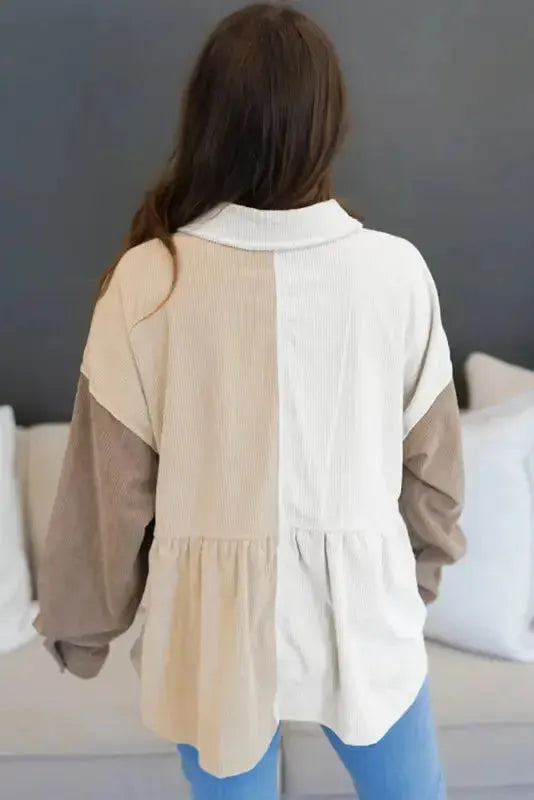 Khaki Corduroy Colorblock Button up Loose Shacket - Fashionfitz