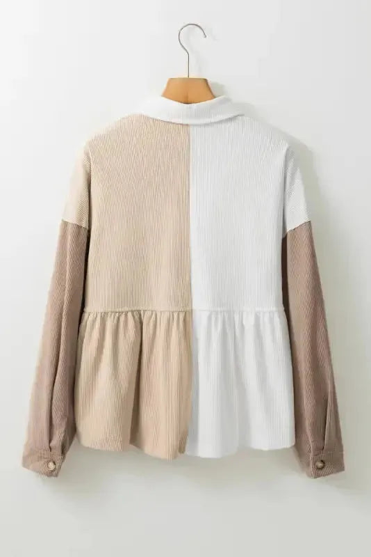 Khaki Corduroy Colorblock Button up Loose Shacket - Fashionfitz