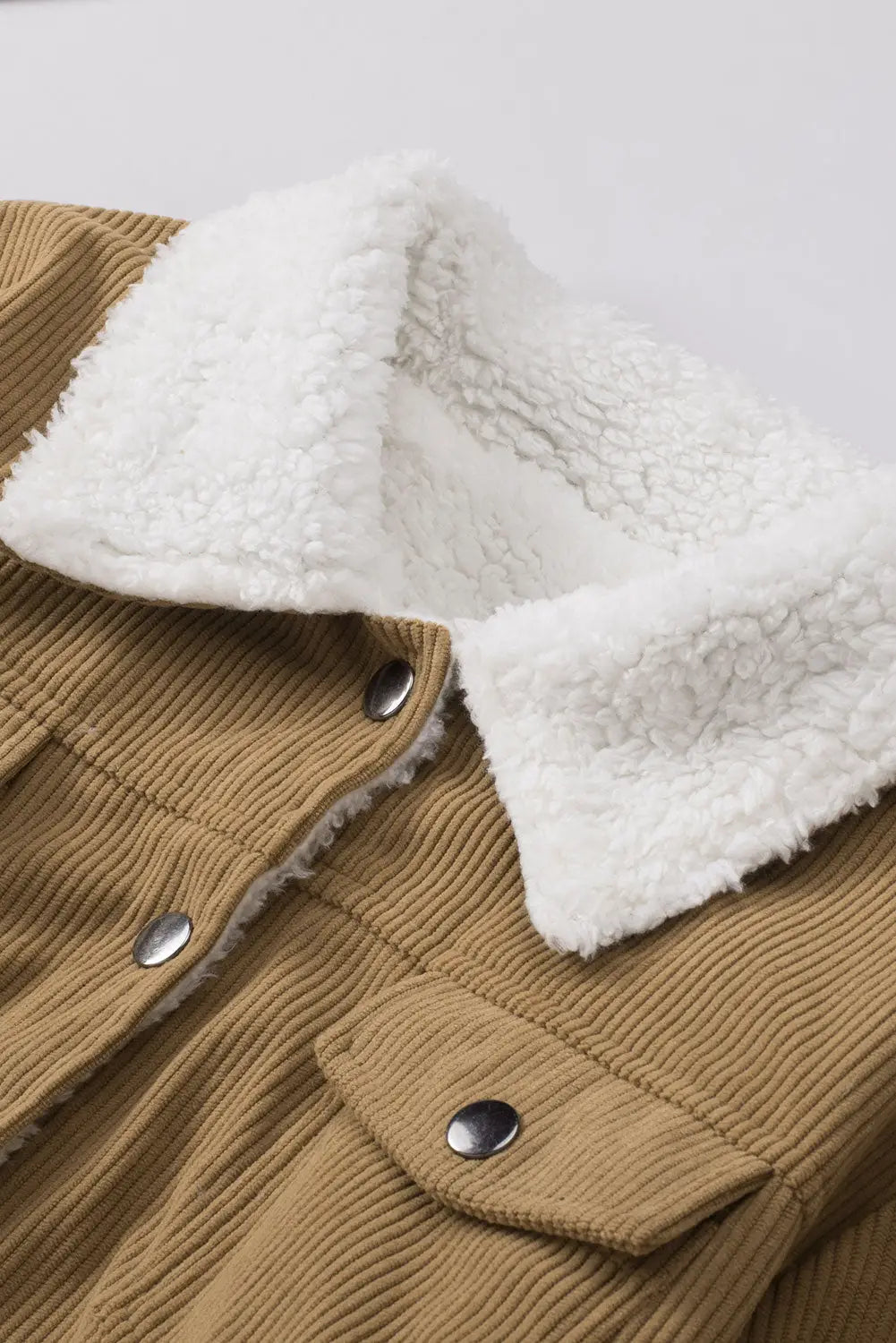 Khaki corduroy sherpa snap button flap jacket - jackets